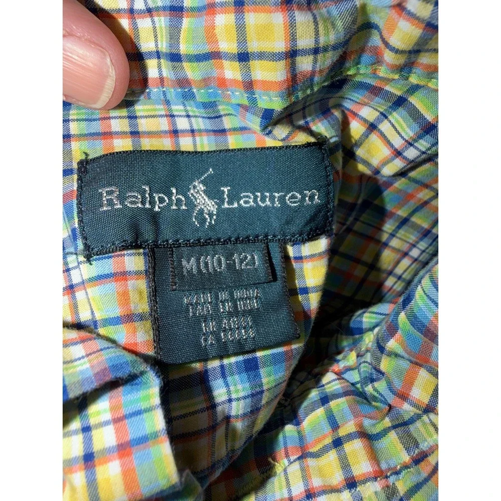 Ralph Lauren Boys Plaid Button Down Shirt Yellow Blue Multi Color Size M 10-12